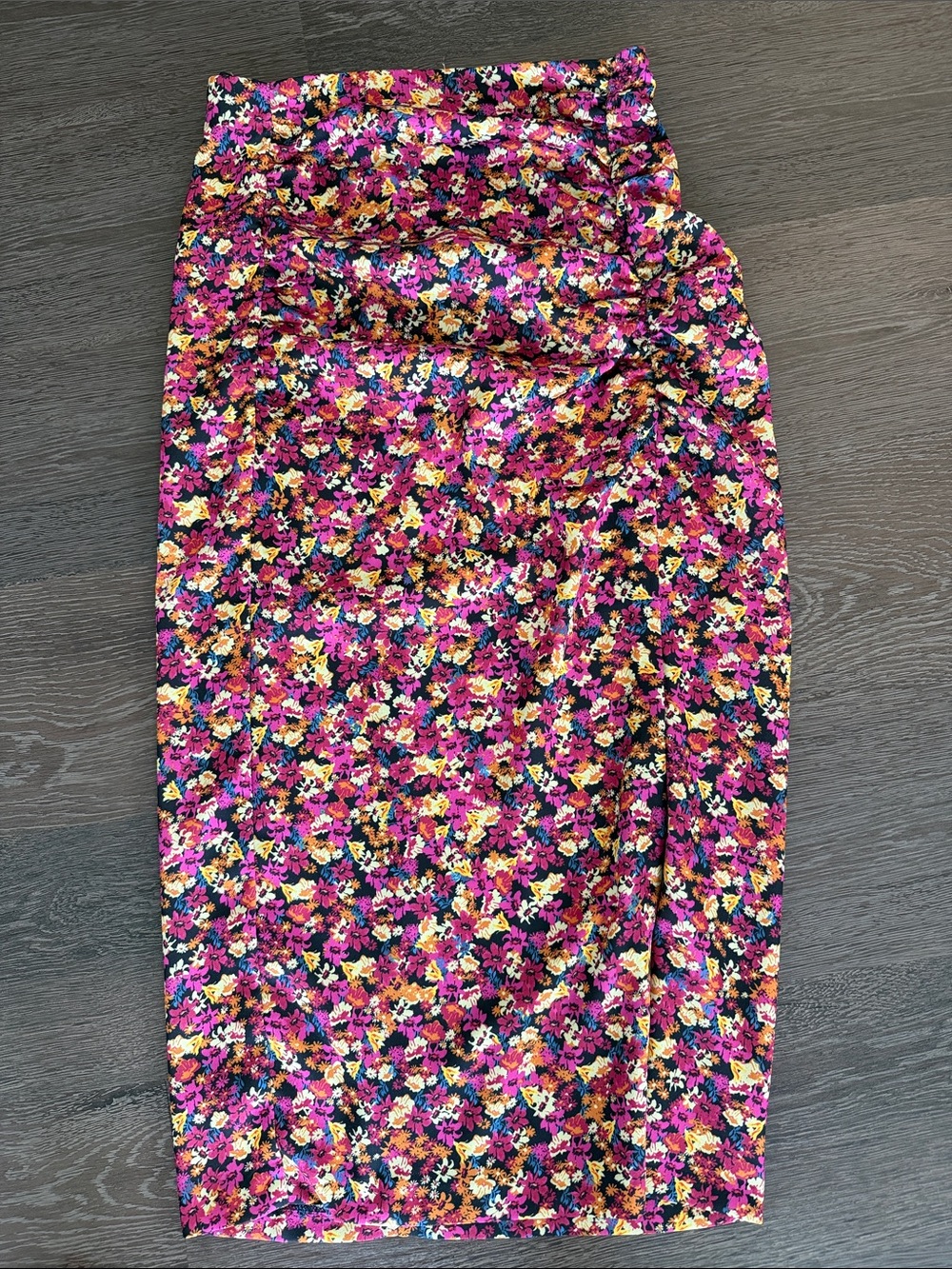Women’s Floral Ruched Skirt with Slit - Pink Multi